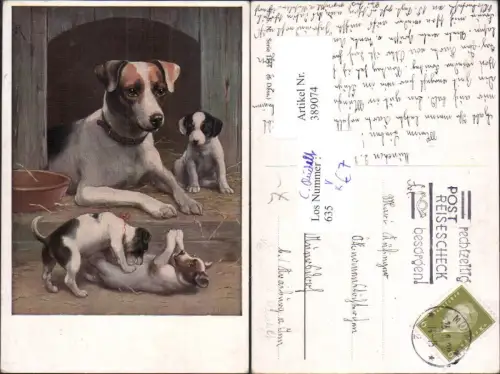 389074,Künstler Ak C.Reichelt Tiere Hund Hunde Welpen v. Hundehütte Spielen pub Theo Stroefer 1544