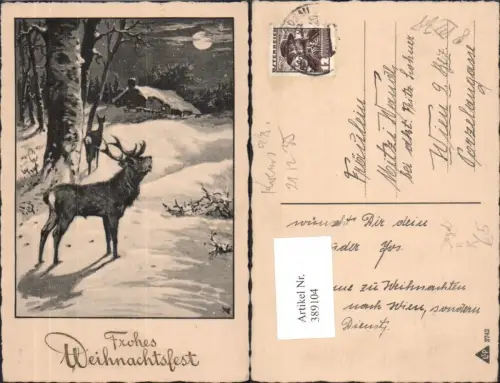 389104,Künstler Ak Tiere Röhrender Hirsch Wild Reh Winternacht Mond Weihnachten Jagd