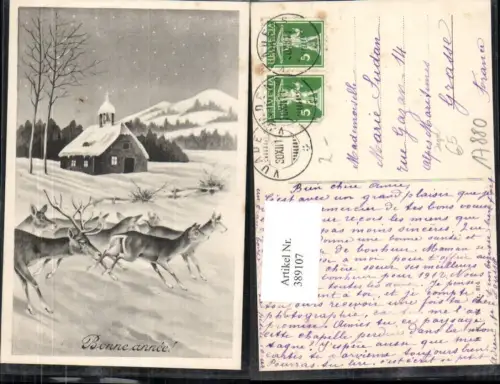 389107,Künstler Ak Tiere Hirsch Rehe Wild Winterwald Kirche Jagd