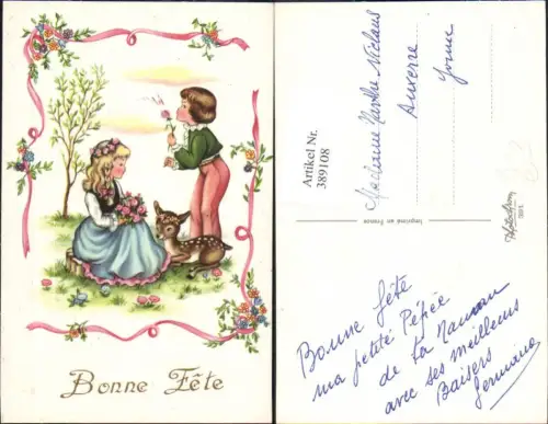 389108,Künstler Ak Tiere Kinder m. Reh Bambi Kitz Blumen Schleife Bonne Fete