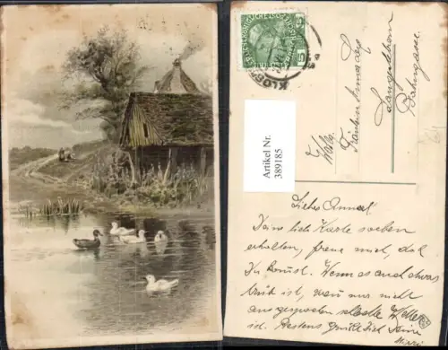 389185,Künstler Ak Tiere Enten Entenküken See Teich Haus a. Ufer