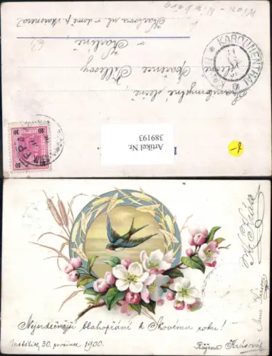 389193,Künstler Ak Tiere Vögel Vogel Schwalbe Blumen Passepartout