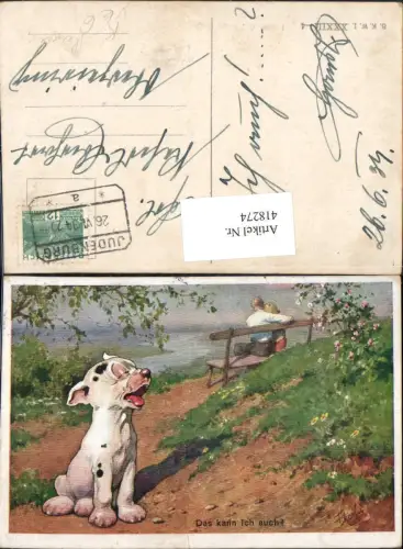418274,Künstler Ak Das kann ich auch Hund Humor Paar Umarmung a. Bank pub B.K.W.I.