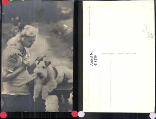 418289,Foto Ak Frau Lesen Schreiben Hund auf Tisch liegend