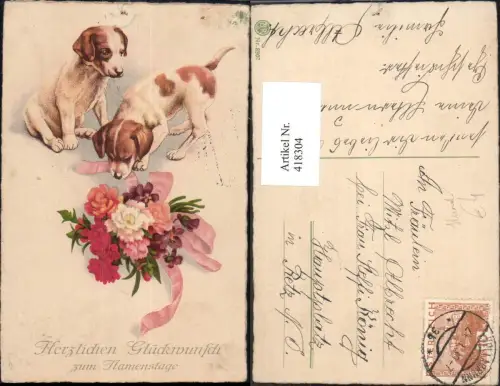418304,Künstler Ak Hund Welpen Hunde m. Blumenstrauß Blumen Schleife Namenstag