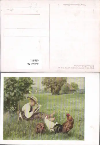 479541,Künstler Ak H. Thoma Nach der Schule Bub Junge Katze Hahn Huhn