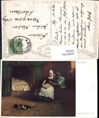 479543,Künstler Ak F. Schmutzer Liebesbitte Katze spielt m. Wolle Paar pub B.K.W.I. 1211