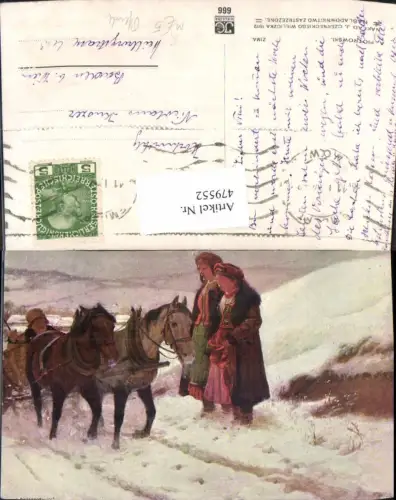 479552,Künstler Ak A. Piotrowski Frauen Mann Pferde Pferdeschlitten Winter Tracht