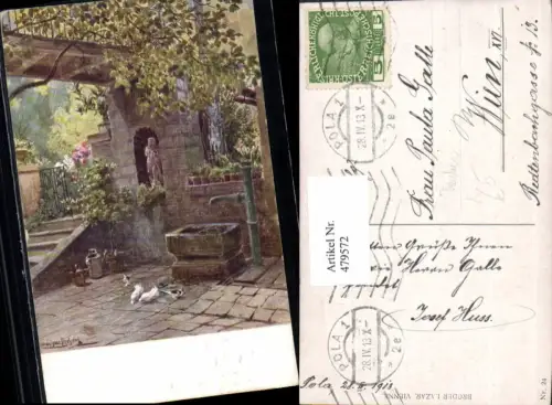 479572,Künstler Ak Tauben b. Brunnen Handbrunnen Statue Vogel Vögel