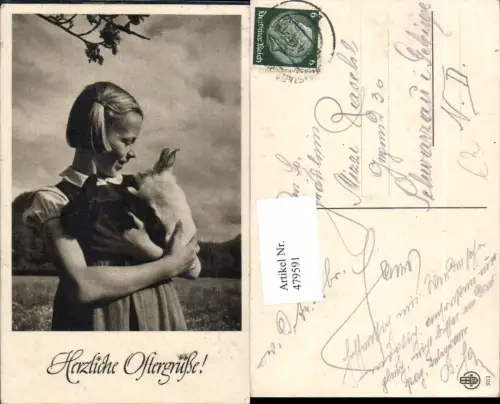 479591,Foto Ak Mädchen m. Hasen am Arm Ostern