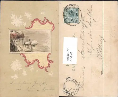 479592,Präge Litho Schwan Schwäne Schilf Wasser Passepartout