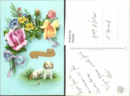 501050,Künstler Ak Delarosa Hunde Strauß Blumen Rosen Bonne Fete