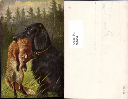 501054,Künstler Ak August Müller München Hund m. Fuchs in Maul