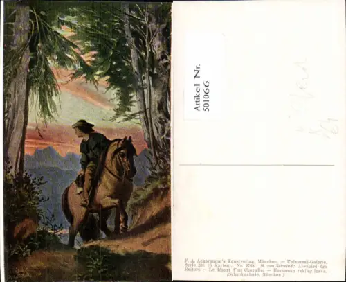 501066,Künstler Ak M. v. Schwind Abschied d. Reiters Pferd pub F. A. Ackermann 268/2768