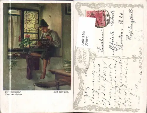 501096,Künstler Ak Karl Zewy Der Vogelfreund Bub m. Käfig Vogel pub B.K.W.I. 1181