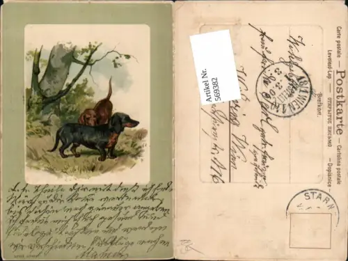 569382,Präge Lithographie C.F. Deiker Dackel Hund Hunde