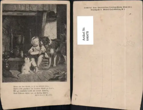 646478,Künstler Ak Kind Bub m. Hund u. Katze vor Feuerstelle pub Österr. Tierschutzverein