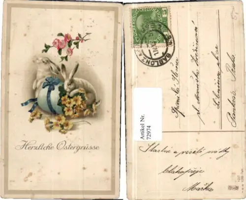 72974,Präge Litho Ostern Osterhase Osterei Blumen
