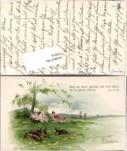 76416,Ostern Osterhase auf Wiese Spruch Johannes 11.25 Psalm Kirche