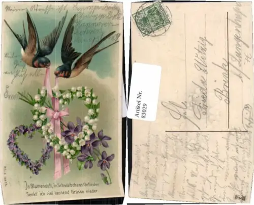 83029,Duft Präge Vogel Vögel Blumen Herzen M.S.i.B Tolle AK