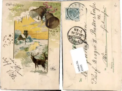 83595,Weihnachten Litho Reh Hirsch Glocken Schloss