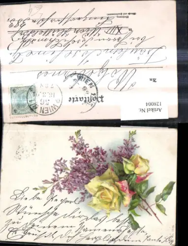 128004,Litho Blumen Gelbe Rose Fliederzweig
