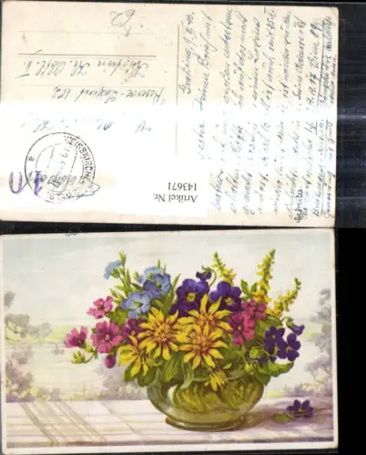 143671,Künstler Ak Blumenschale Blumen Vase