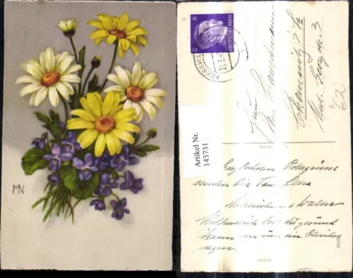 143731,Künstler Ak Blumen Strauß Veilchen Margeriten
