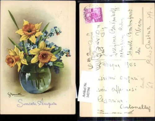 143794,Künstler Ak S. Bonelli Blumenvase Narzissen Vergissmeinnicht Blumen Vase Sinceri Auguri