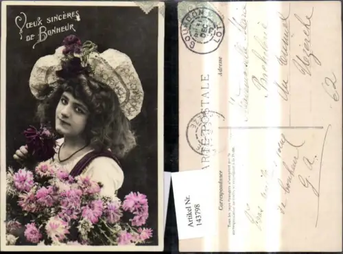 143798,Mädchen m. Blumen Strauß Hut Blumen a. Hut Voeux Sinceres de Bonheur