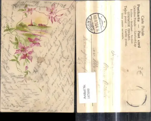 147099,Präge Litho Blumen Landschaft Kirche Dorf