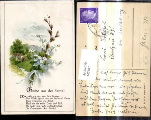 147107,Blumen Vergissmeinnicht Palmkätzchenzweig Schleife Wassermühle Mühle Spruch Text