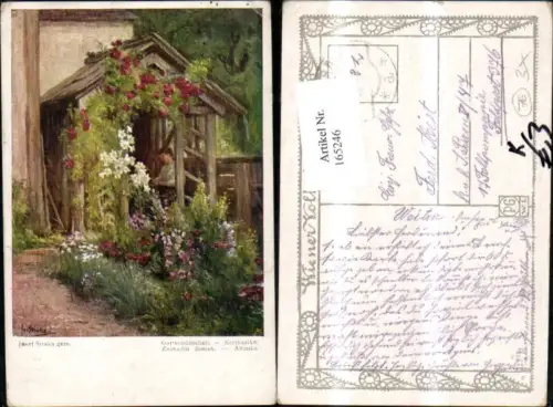 165246,Blumen Gartenhäuschen Rosen Mann sign Josef Straka