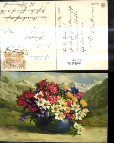 171523,Künstler Ak Blumen Blumenvase v. Bergkulisse
