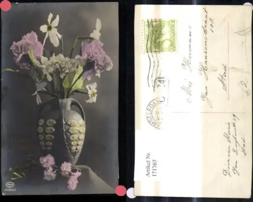 171767,Vase m. Blumen Nelken Hartelijk Gefeliciteerd