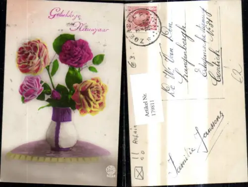 179811,Blumen Rosen i. Vase Blumenvase Gelukkig Nieuwjaar Neujahr