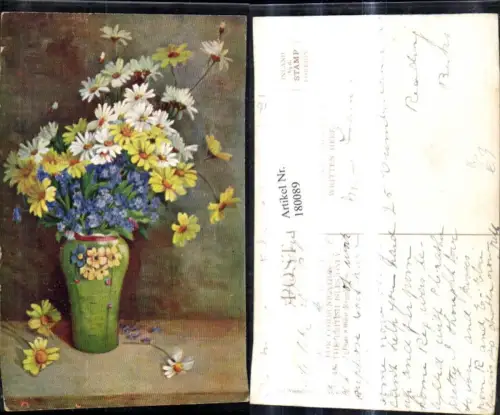 180089,Künstler Ak Bunter Strauß Blumen i. Vase Blumenvase Margeriten Vergissmeinnicht
