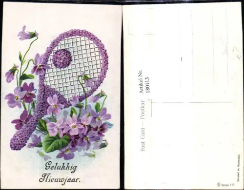 180113,Präge Litho Tennisschläger Tennis a. Blüten Veilchen Blumen Gelukkig Nieuwjaar Neujahr