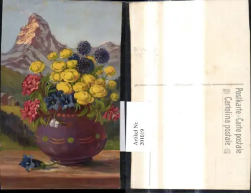 201019,Künstler Ak W. Trüb Blumenvase Vase Blumen Enzian Ranukel Matterhorn i. Hintergrund