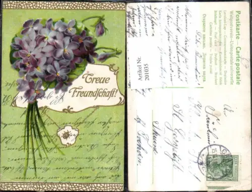 201035,Künstler Ak Blumen Veilchen Strauß Ornament Spruch Text Goldverzierung
