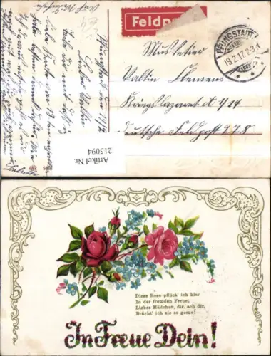 215094,Litho Vegetation Blumen Rosen Ornament Spruch Text In Treue Dein pub HWB 2835