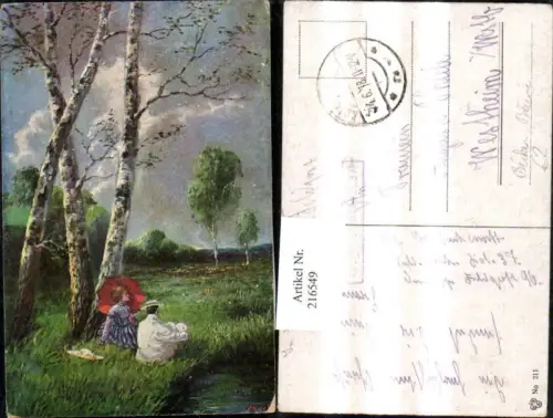 216549,Künstler Ak Mosel Bäume Birken Frau Mann sitzend
