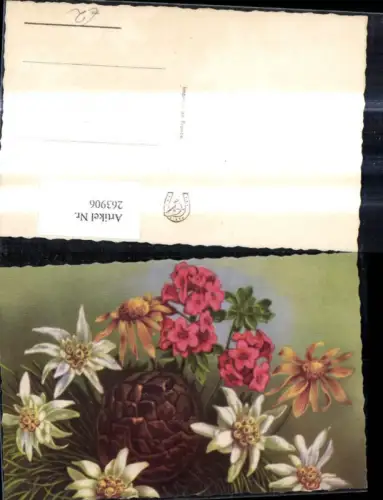 263906,Künstler Ak Blumen Alpenflora Edelweiß Zapfen