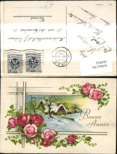 264932,Künstler Ak Blumen Rosen Haus Winterlandschaft Bonne Annee Rahmen