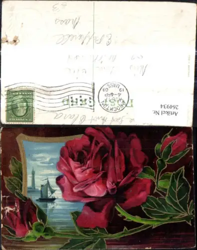 264934,Präge Ak Blumen Rose Leuchtturm Schiff Segelboot Goldverzierung