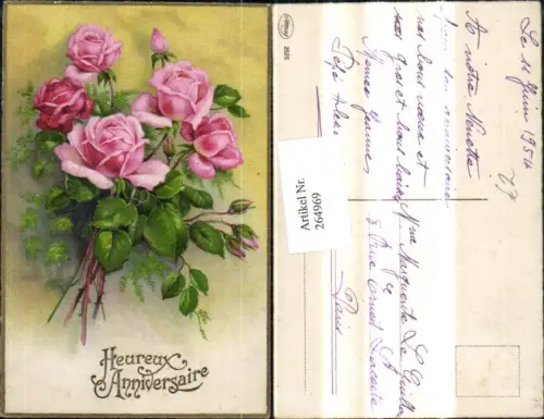 264969,Künstler Ak Blumen Rosa Rosen Strauß Heureux Anniversaire