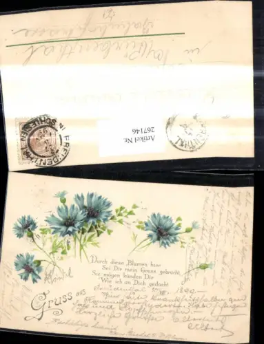 267146,Litho Blumen Kornblumen Spruch Stempel Freudenthal i. Schlesien