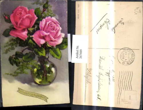 267489,Präge Ak Blumen Rosa Rosen i. Vase Blumenvase pub HWB 16130