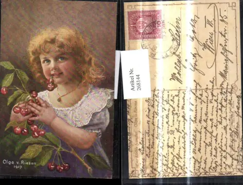 268144,Künstler Ak Olga v. Riesen Der kleine Hamster Mädchen m. Kirschen Früchte Obst