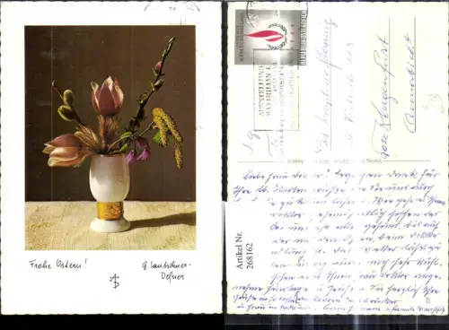 268162,Blumen Kuhschelle Palmkätzchen Vase Passepartout Stempel Ausstellung Maximilian Innsbruck 1969